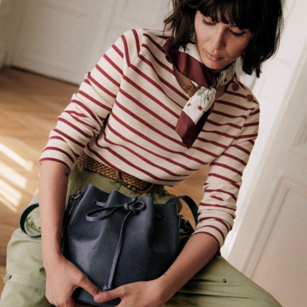 Sézane Colette Marinière Stripe Cotton Shirt in Burgundy Ecru